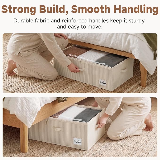 StorageWorks 10 Inch Tall Under Bed Storage Containers with Clear Lid | Reinforced Structure, Resists Sagging, Handles & Label Holder, Foldable Stackable Closet Storage for Clothes, Blankets, Toys