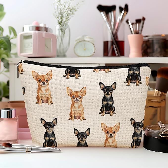 Chihuahua Dog Makeup Bag, Chihuahua Lovers Gifts Cosmetic Bag for Women, Dog Mom Lovers Owner Gifts for Women, Pet Lover Gift Zipper Travel Makeup Pouch for Purse