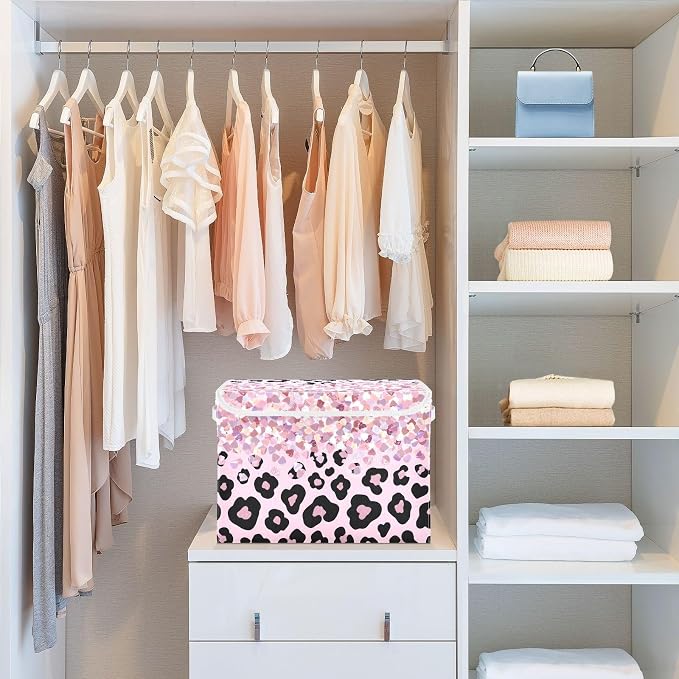 Glitter Leopard Storage Bins with Lids Closet Bedroom 40L Storage Basket | Decorative Storage Boxes, Foldable & Stackable, Dust-Proof Flip Top, Reinforced Handles, For Home & Dorm, Clothes & Toy Box