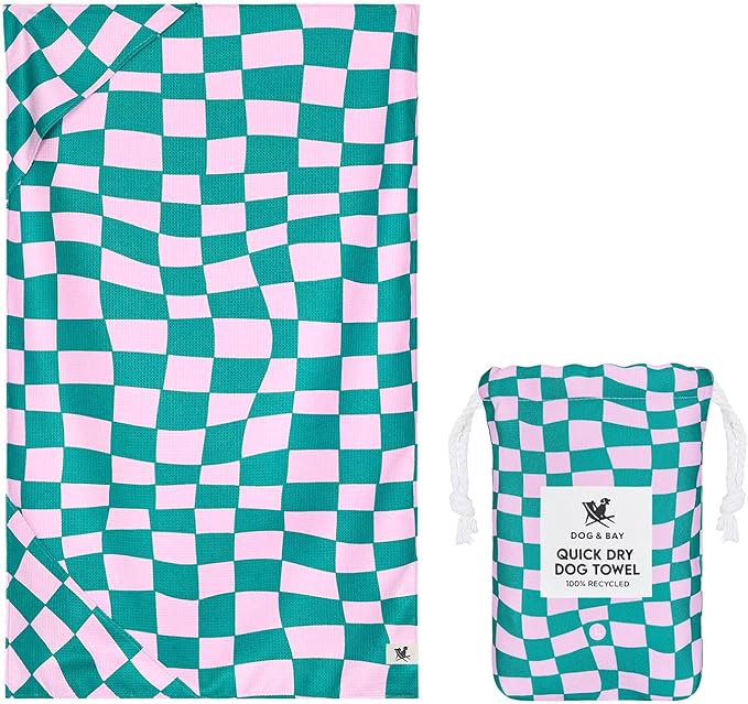 Dock & Bay Pet Towel - Super Absorbent & Quick Drying Dog Towels with Bag - 100% Recycled - Check Mutt, Medium (90x50cm, 35x19)