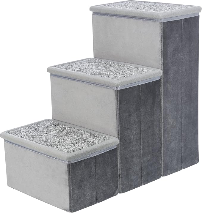 TRIXIE 3-Step Velour Pet Stairs, Gray | Collapsible, Storage Compartments for Pet Toys, Ideal for Small Dogs and Cats