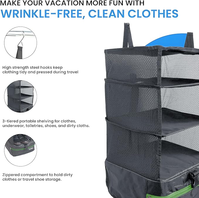 Stow-N-Go Hanging Travel Shelves, Packing Organizer for Luggage. Carry on Closet for Suitcase. Expandable Packing Cube. Travel Essentials. (Dark Gray - L, L = (L) 11.8" x (W) 11.8")