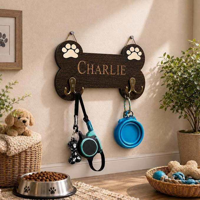 Personalized Dog Bone Leash Holder for Wall Mount, Custom Wooden Bone Leash Hook with Name, Pet Collar and Harness Organizer for Entryway, Key Hook Gift for Pet Lovers & Dog Owners, Home Wall Décor