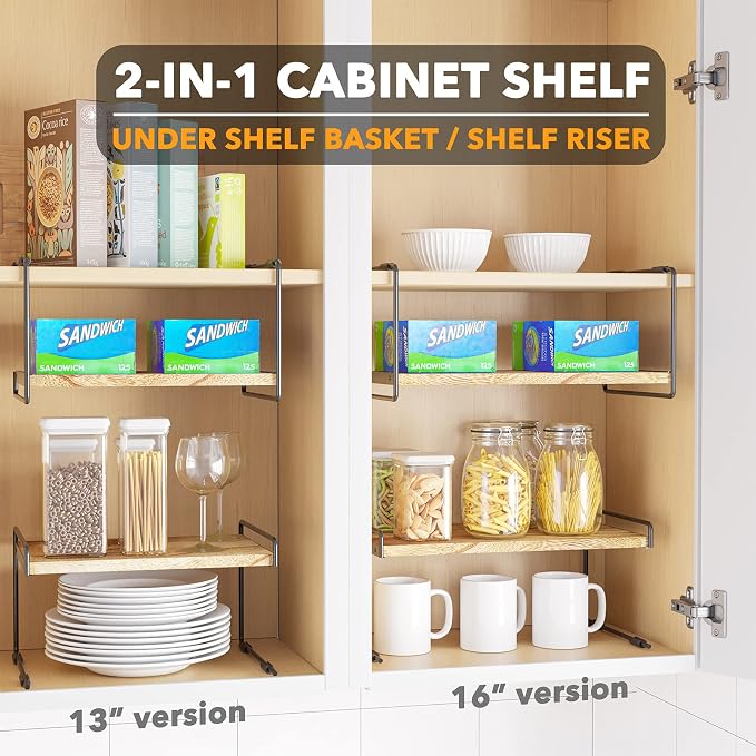SpaceAid Cabinet Shelf Organizers 2 Pack, Kitchen Counter Organizer Rack Under Shelves Riser, Pantry Cupboard Storage Organization, Metal and Wood, Black and Natural, 16" Wide