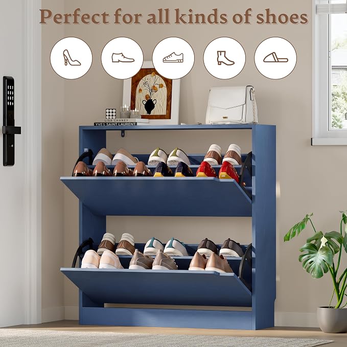 BORNOON Shoe Cabinet with 2 Flip Drawers, Slim Narrow Shoe Storage Cabinet, Freestanding Shoe Organizer with Adjustable & Removable Shelves, Top Display Shelf for Entryway, Hallway, Foyer, Closet