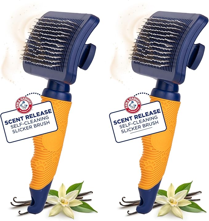 Arm & Hammer Deodorizing Slicker Brush for Dogs, Fragrance Transfer Technology with Baking Soda, Self-Cleaning Button, Removes Loose Fur & Tangles, Dog Grooming Brush, Sweet Lily & Vanilla - 2 Pack