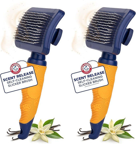 Arm & Hammer Deodorizing Slicker Brush for Dogs, Fragrance Transfer Technology with Baking Soda, Self-Cleaning Button, Removes Loose Fur & Tangles, Dog Grooming Brush, Sweet Lily & Vanilla - 2 Pack