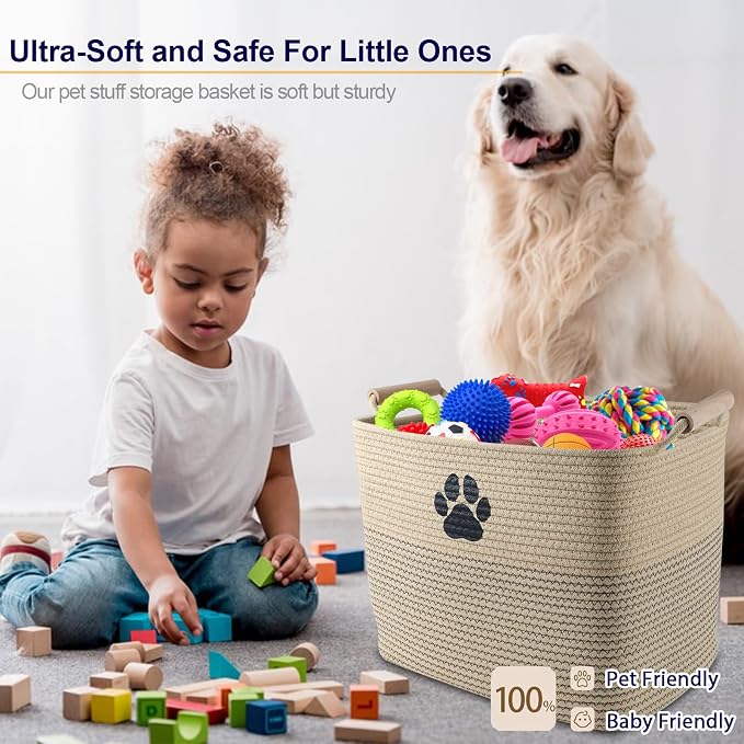 Woven Dog Toy Basket, Dog Toy Bin for Living Room Area, Dog Basket | 100% Cotton Rope Basket With Wood Handle, Dog Stuff Storage Organizer, Pet Toy Basket For Toy,Blanket,Clothes-L13.7''×W10.2'