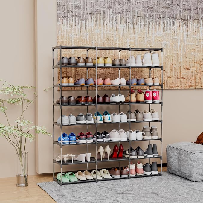 SMILHELTD Large Shoe Rack 3 Row 8 Tier Sneaker Storage Organizer 48 Pairs | Metal Tiered Plastic Shelves Dust-Proof Mats, Space Saving Oganization for Garage Closet, DIY Assembly, 49.2"W x 50.8"H