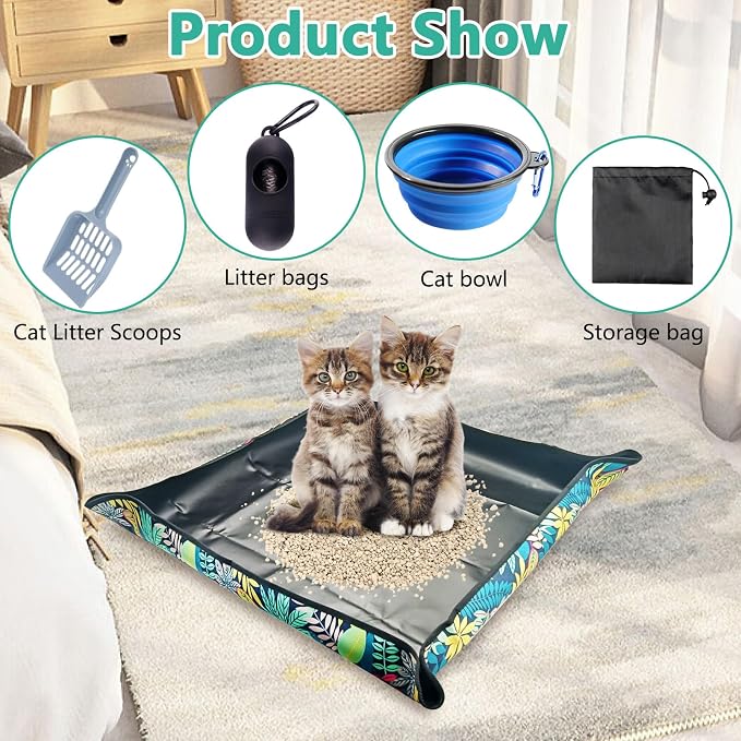 BNOSDM Travel Litter Box for Cats Foldable Litter Boxes Kit Portable Litterbox with Scoop Bowl Waterproof & Non-Stick for Hotels, Outings, Temporary Stays, Car, Plane (22.8x22.8x3.15in)