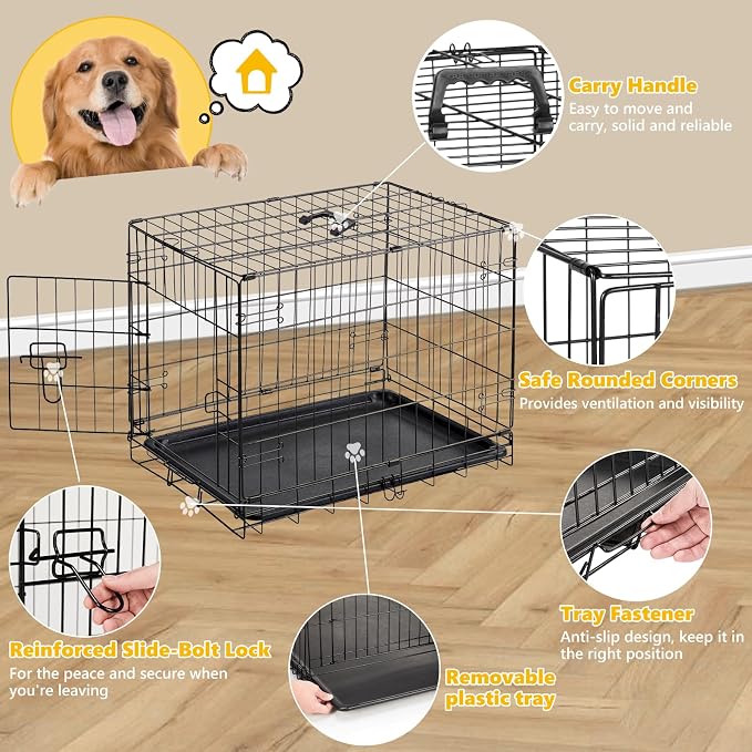 Small Dog Crate 30 Inch, Metal Wire Foldable Dog Cage Kennel | Single Door, Secure Lock, Plastic Leak-Proof Pan Tray, Indoor Outdoor Training Pet