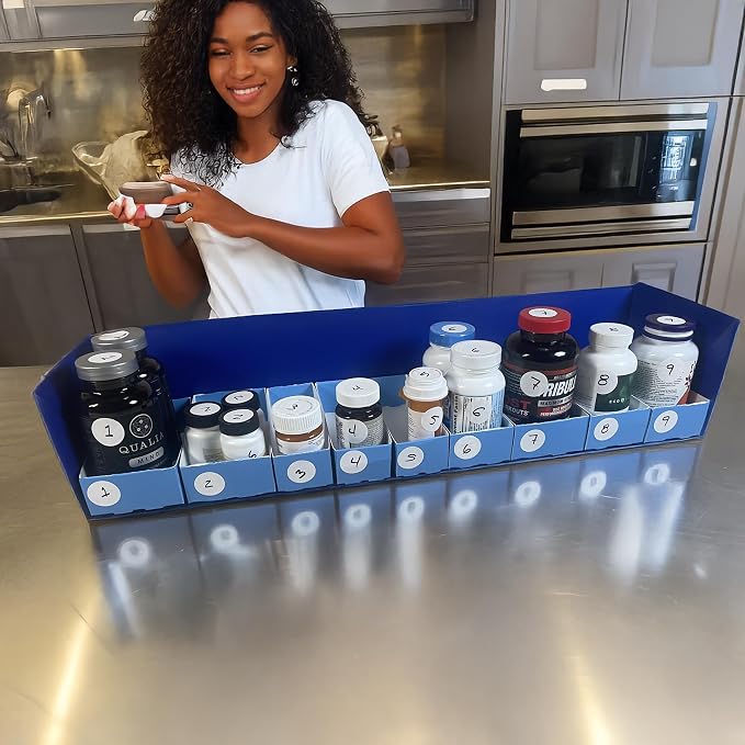 One Place Organizing System for Pill Bottles, Medication Bottles, Supplements and Vitamins - Fits Counter Tops, Pantry, Cabinets. 9 Storage Compartments - Easy Access - Made in USA
