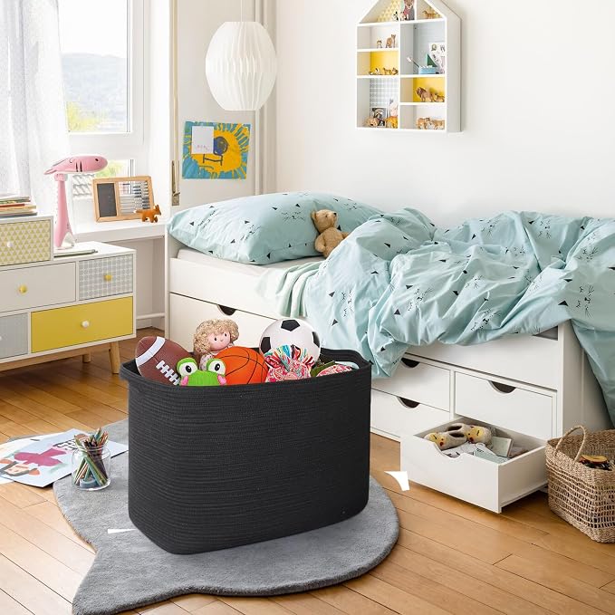 108L Extra Large Storage Basket, 25" x 16" x 16" Black Blanket Basket Living Room, Oversized Cotton Rope Blanket Storage, Woven Kids Dog Toy Bin Box Organizer, Laundry Shoes Towel Bin, Black