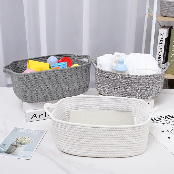 ABenkle Small Storage Basket with Handles, Cotton Rope Woven Dog Cat Toy Bin, Decorative Shelves Closet Organizing for Nursery Laundry Bedroom Bathroom, 14.2''x 11''x 5.1''