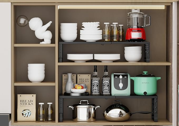 Jojocross Expandable Adjustable Stackable Kitchen Organizer, Spice Rack,Metal Pantry Storage Shelves Racks,Counter Shelf for Cabinets, Countertop, Cupboard (3 Packs/Medium/Black)