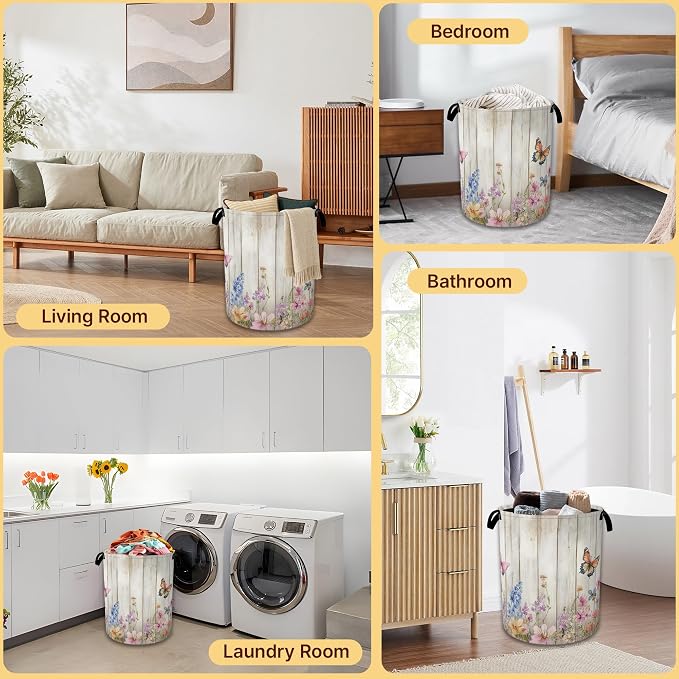 Collapsible Laundry Basket,Rustic Floral Waterproof Oxford Cloth Hamper with Handles,Butterfly Garden 16 x 20.8 Inch Portable Storage Organizer for Laundry Room Bedroom