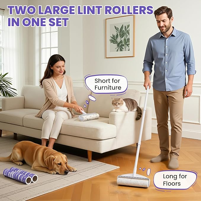 Two Large Lint Roller Set for Pet Hair: DELOMO 9.45” Extra-Wide Sticky Rollers - Long Handle for Floors & Carpets and Short Handle for Couches & Furniture - 360 Sheets Total - for Multi-Pet Homes