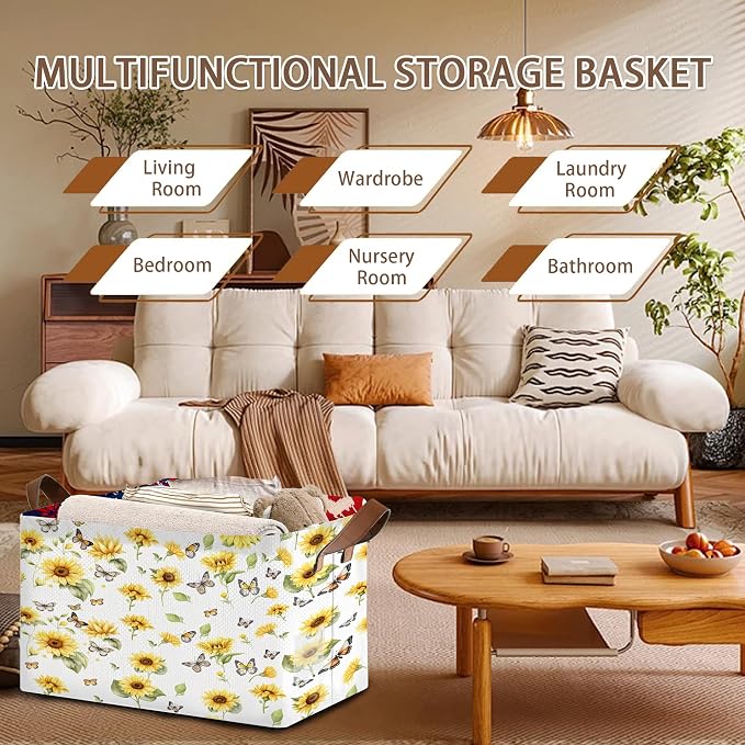 Foldable Collapsible Storage Bin with Sunflower & Butterfly Design - 17x11.5x10.5 Inch Organizer Basket for Home Decor, Closet, Seasonal Storage - Single Pack No Lid Space-Saving