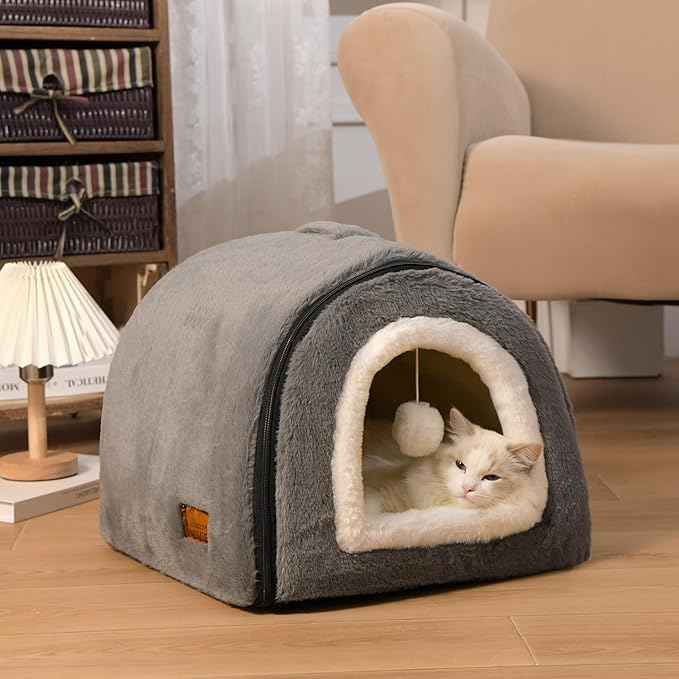 Cat Bed for Indoor Cats，Foldable cat cave，Anti-Slip & Water-Resistant Bottom，cat Houses for Indoor Cats or Small Dogs, Kitten Tent, Rabbit Bed，2 in 1 pet Bed (Dark Grey)