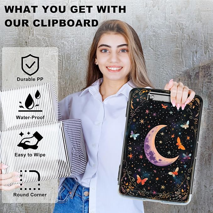 A4 Clipboard with Storage Pen Holder, Clipboards Organizer Nursing Clipboard Foldable File Folder Plastic Clipboard Folio Clip Board for Office Work Classroom Doctor, Butterfly Dark Moon