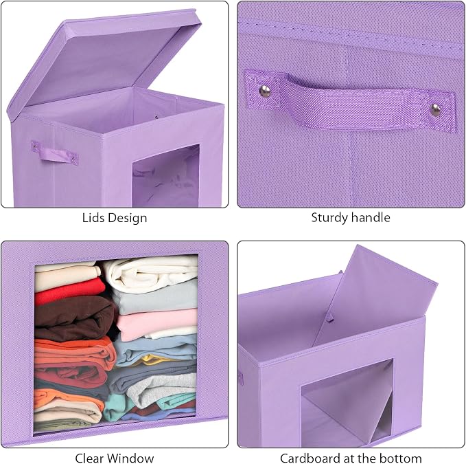 Univivi Fabric Storage Bins with Lids for Closet, 4 Pack, Purple | Fabric Foldable Storage Boxes, Sturdy Collapsible Storage Bins with Clear Window, Storage Cubes for Home, Closet, Shelves