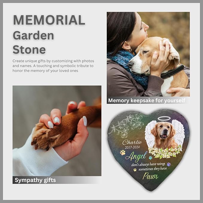 Wrappiness Pet Memorial Stone - Angels Sometimes Have Paws, Personalized Dog Memorial Gifts, Remembrance Condolences Bereavement Gifts for Loss of Pet Custom Photo (Heart 07, Stone)