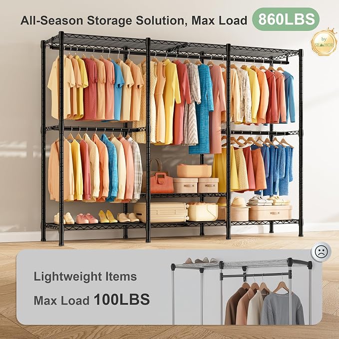 SEMHOR K01C Heavy Duty Clothes Rack with Grey Cover, Max Load 860LBS | Freestanding Portable Closet System with Shelves, Adjustable Carbon Steel Garment Rack, Clothing Racks for Hanging Clothes