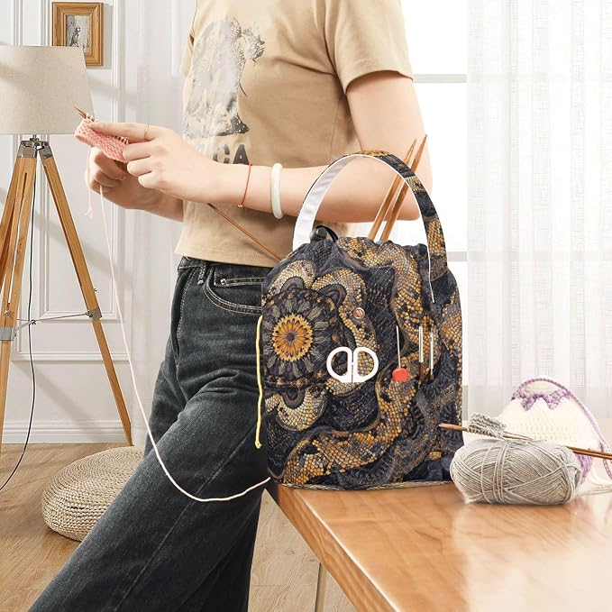 Tatenale Crochet Bag Yarn Bag Knitting Project Bag with Pockets and Handle Portable Yarn Storage Organizer Tangle Free 8.3x11 InchCottonmouth Skin Mandala Dark Purple45