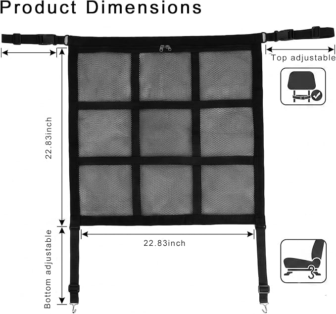 Car Seat Pet Barrier Mesh Organizer Storage Pocket Adjustable Strap | 58×58CM Backseat Pet Divider with Storage Pocket Dog Barrier for Front Seats Auto Back Seat Net for Pet Safety & Car Storage