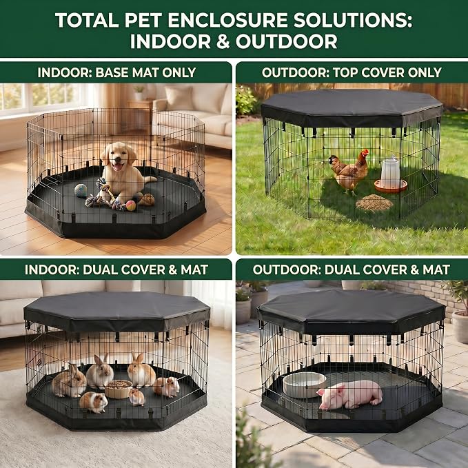 PJYuCien 2-in-1 Octagonal Dog Playpen Bottom Pad for 24" Side Pen, Black | Dual-function Pad, For Puppy Small Animals, Protects Floors, Easy Clean, 600D Oxford, Snap Hooks