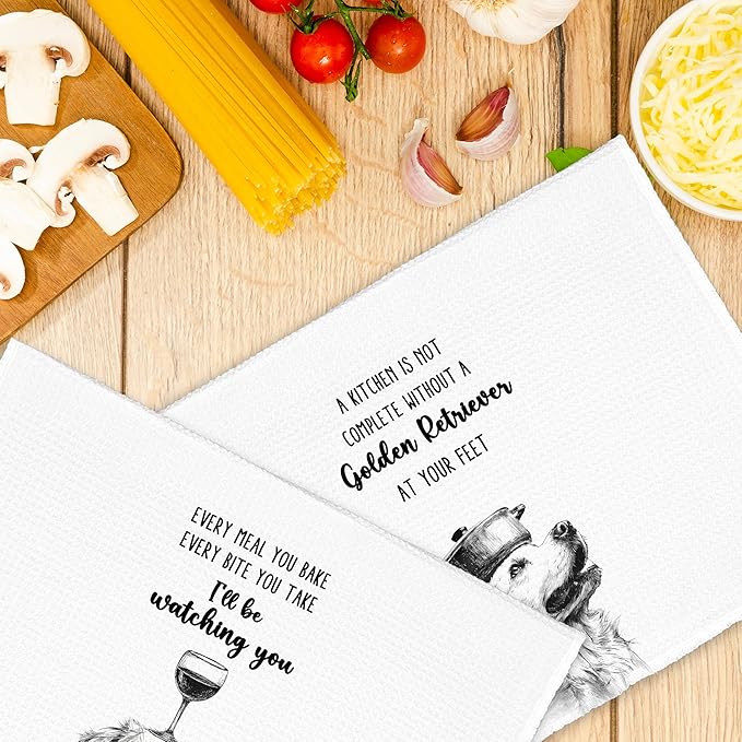Funny Dog Golden Retriever Kitchen Towels Set of 2, Every Meal You Bake Hand Towels Decor for Bathroom, Cute Dish Towel Gifts for Dog Lovers, Rustic Tea Bar Waffle Towel for Dorm 16x24in