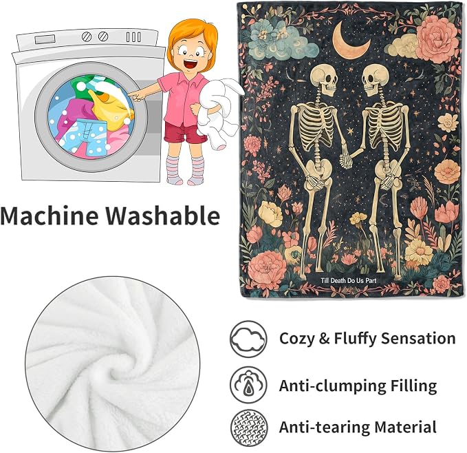 Gothic Skull Blanket Skeleton Romantic Throw Blankets with Flowers & Crescent Moon,Birthday Gifts for Kids Adult,Lightweight Soft Fleece,for Sofa Couch Bed Room Goth Halloween Decor 50x60in