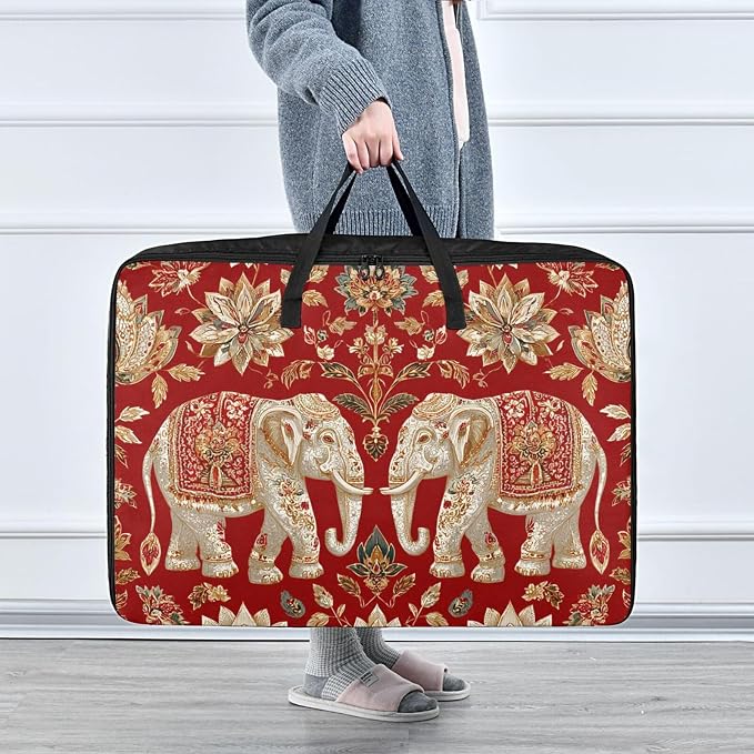 Comforter Storage Bags Large Folding Blanket Organizer Bag with Strong Handles Clear Window Closet Storage Containers for Clothes King Queen Pillows Bedding Quilt Duvet Red Elephants Florals Or