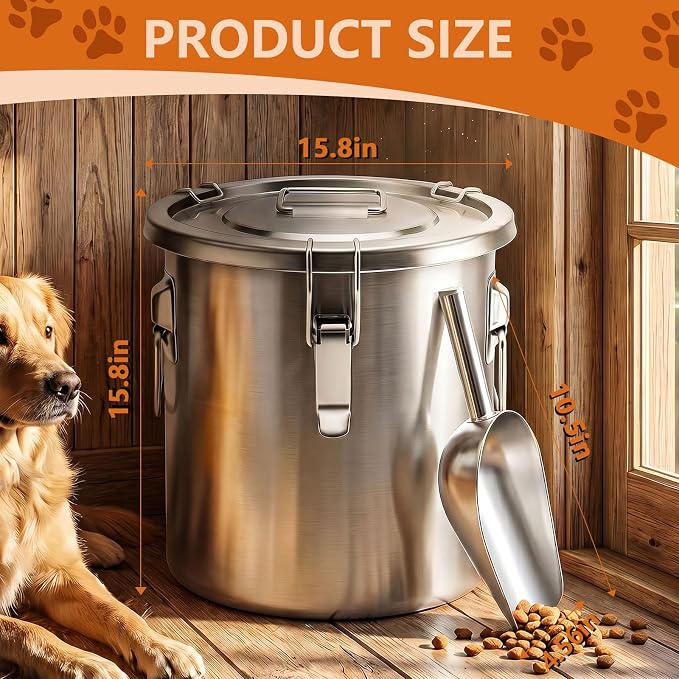 40LB Stainless Steel Dog Food Storage Container with Lid & Scoop, Large Dog Food Storage Container for Dry Pet Food, Metal Dog Food Container, Pet Food Storage Container for Kibble