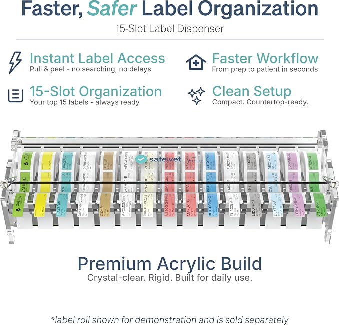 Veterinary Syringe Label Dispenser by Safe Vet | Countertop Injectable & Pharmacy Label Organizer for Vet Clinics, ICU, Surgery & Anesthesia (15 Slots)