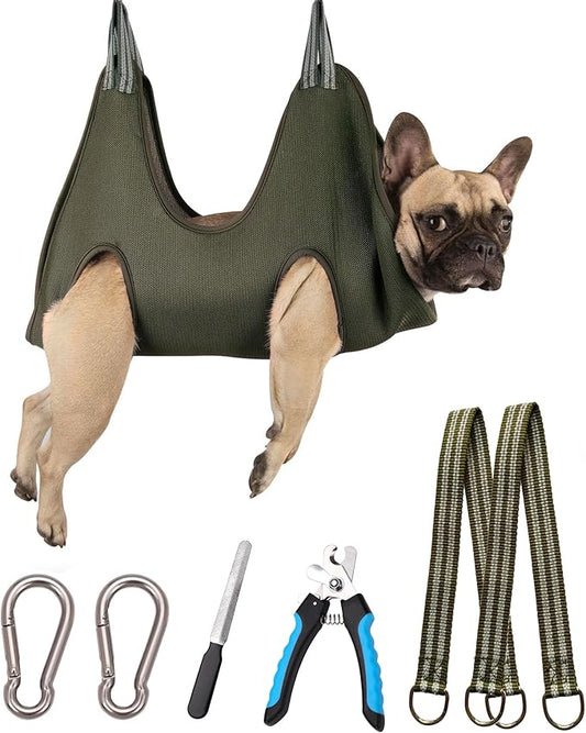 Kkiimatt 10 in 1 Dog Pet Grooming Hammock Harness with Nail Clippers/Trimmer, Nail File,Dog Nail Hammock, Dog Grooming Sling for Nail Trimming/Clipping (M/Under 45lb, Khaki Green)