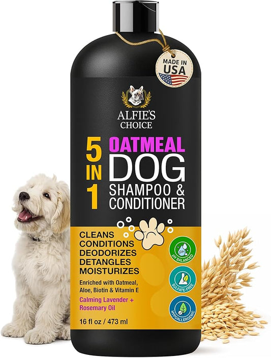 ALFIE'S CHOICE Oatmeal Dog Shampoo and Conditioner for Itchy Skin Relief | 16 fl oz | 5-in-1 Puppy Shampoo for Sensitive Skin | Cleans, Deodorizes & Detangles for All Breeds | Dog Wash Made in USA