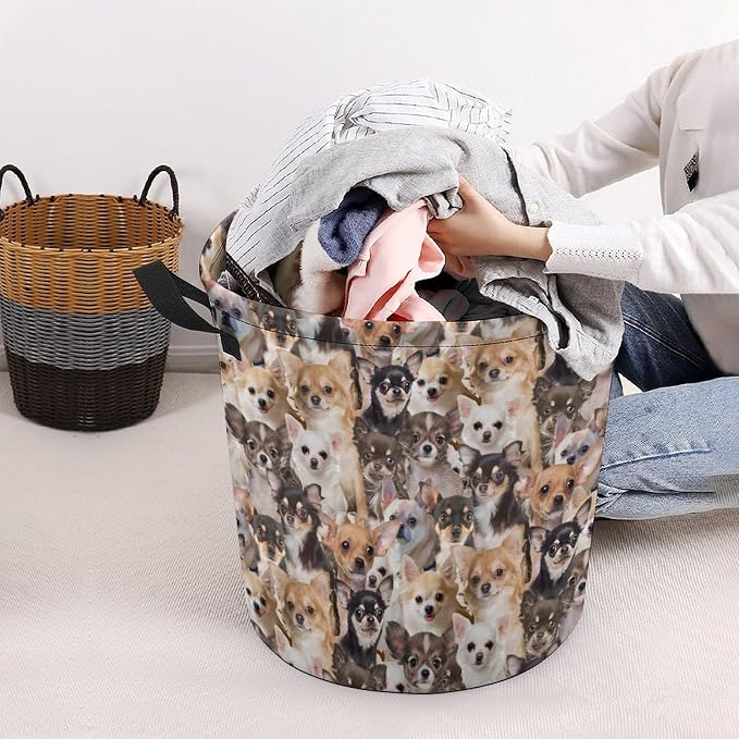 Collapsible Laundry Baskets for Chihuahua Lover, Funny Pet Dog Face Print Laundry Hamper Large Waterproof Dirty Clothes Basket Storage for Bathroom Bedroom, Gifts for Chihuahua Mom Dog Owner