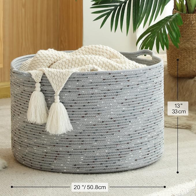 KAKAMAY Large Blanket Basket (20"x13"),Woven Baskets for storage Baby Laundry Hamper, Cotton Rope Blanket Basket for Living Room, Laundry, Nursery, Pillows, Grey with Blue & Brown Dotted | Extra Large Capacity | Natural Cotton Rope | Blanket Storage | ...