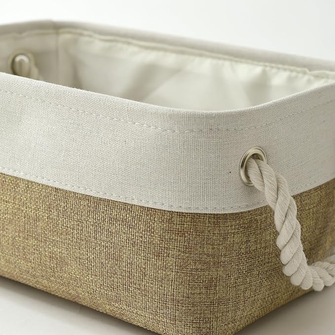 Storage Basket for Organizing - 1 Pack 12x8x5.2 inch Baskets for Gifts Empty with Handles, Fabric Storage Cubes for Organizer Closet Dog Gift Cloth Toy (Whiet & Khaki)