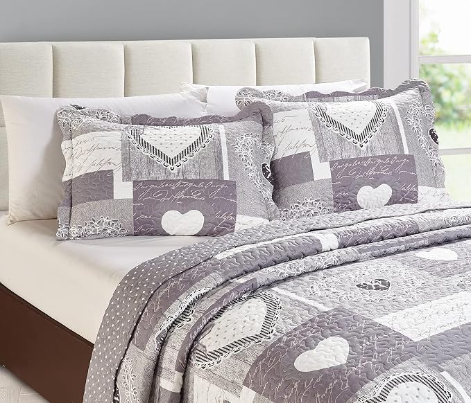 Brilliant Sunshine Grey Heartlove Pillowshams Set, 20"x26"+2" | Patchwork Design, Quilted Standard Pillowcases, Washable Scallop Edge Pillow Covers, Pack of 2