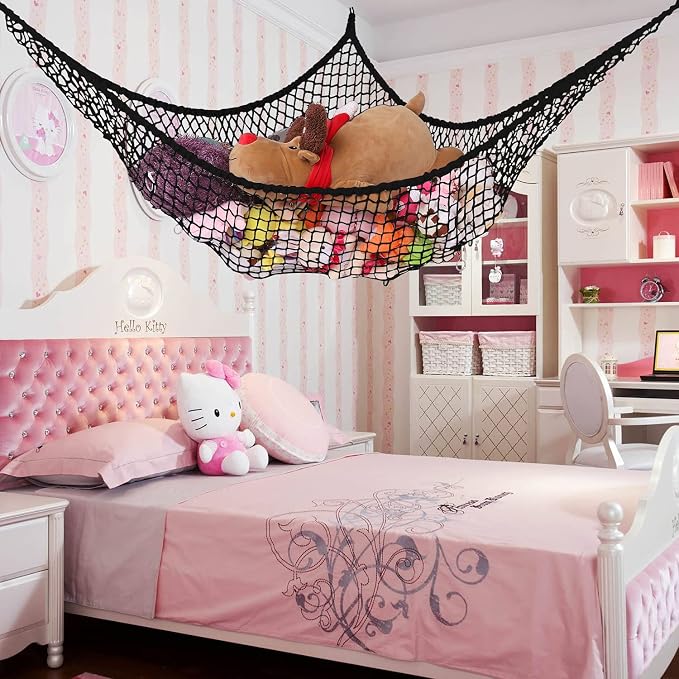Stuffed Animal Hammock, Toy Hammock Storage Net, LXUNYI Mesh Toy Net Holder Jumbo Wall Corner Giant Baby Kids Children Stuff animals Hammocks Net Organizer for Bedroom (Black, 84 inch)