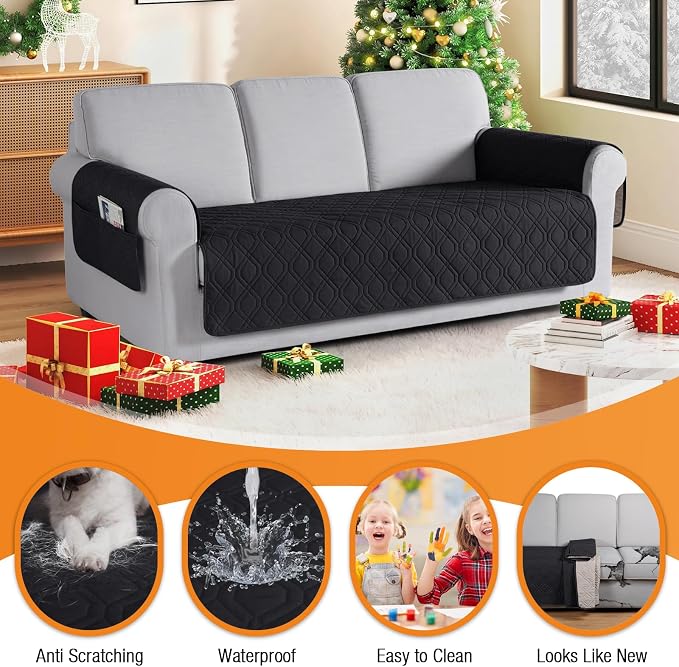 VANSOFY Waterproof Couch Cover for Pets, Black, 72.4" | Non-Slip, Washable, Utility Pockets, Pet Friendly, Furniture Protector Slipcover for 3 Cushion Plus Couch