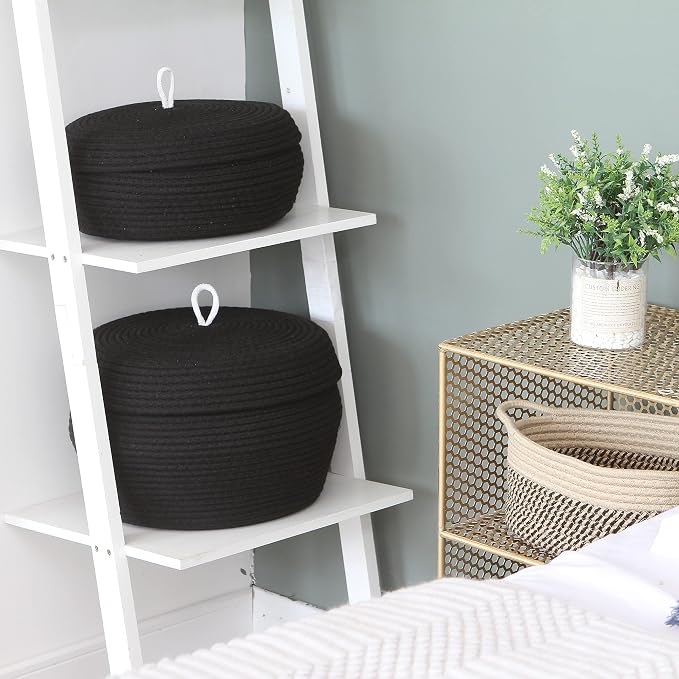 Sea Team Round Woven Cotton Rope Storage Basket with Lid, Black | Lidded Knitted Decorative Storage Bin, Pot, Caddy, Organizer, Container for Snacks, Towels, Plants, 13 x 5.5 Inches
