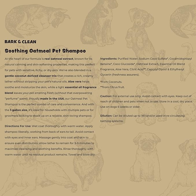 Oatmeal Dog Shampoo for Itchy Skin, 1 Gallon with Pump - Hypoallergenic Anti-Itch Allergy & Sensitive Skin Relief, Moisturizing Aloe Vera Coconut Oil, Sulfate & Paraben Free, Made in USA, Bark & Clean
