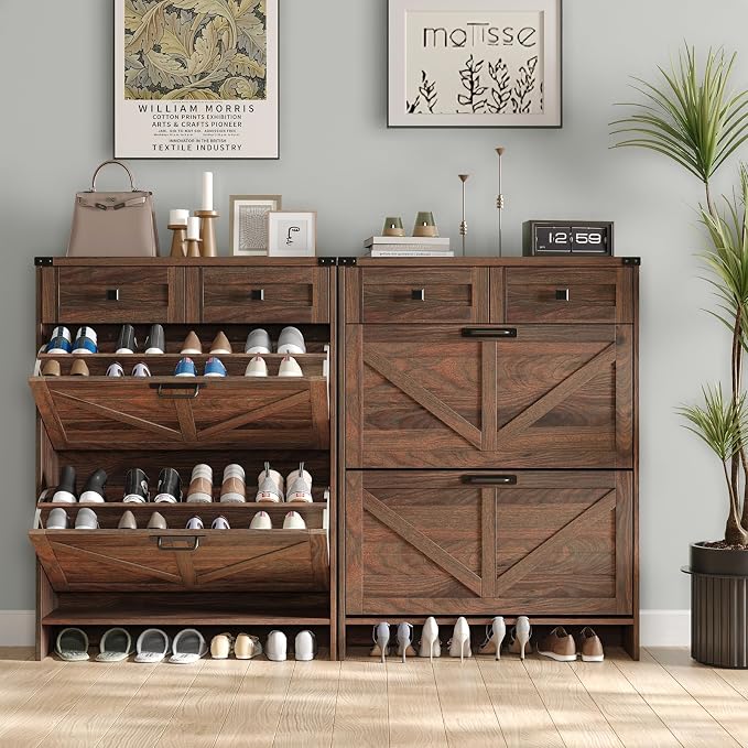 Halitaa Shoe Cabinet with 2 Flip Drawers & 2 Drawers,Farmhouse Shoe Storage Cabinet for Entryway,Slim Freestanding Narrow Organizer Rack for Front Door Entrance,Dark Walnut