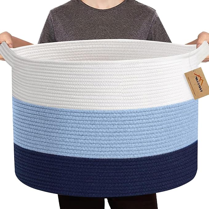MEGASKET Large Kids Toy Basket, 22" x 14" Soft Woven Cotton Rope Basket, Toy Storage Bin for Kids, Big Baby Nursery Organization, Floor Stuffed Animal Storage, Blanket Pillow Holder for Living Room