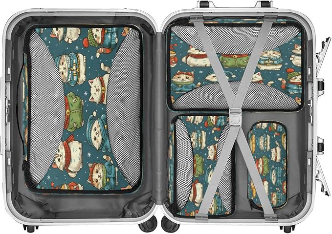 Packing Cubes for Travel, Christmas Winter Cat Travel Luggage Packing Organizers for Women Men, Large Custom Toiletries Bag for Cosmetics Toiletries, Japanese Cat