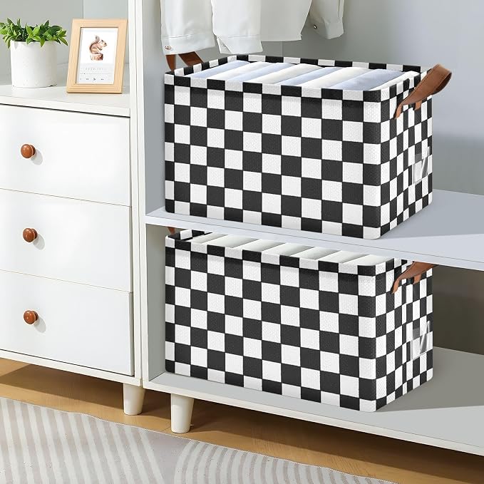 Black and White Checkered PlaidStorage Bins for Shelves with Labels&Handles Fabric Organizer Bin Foldable Rectangle Storage Basket Boxes for Closet, Bathroom, Home, Living Room, 2 Pack