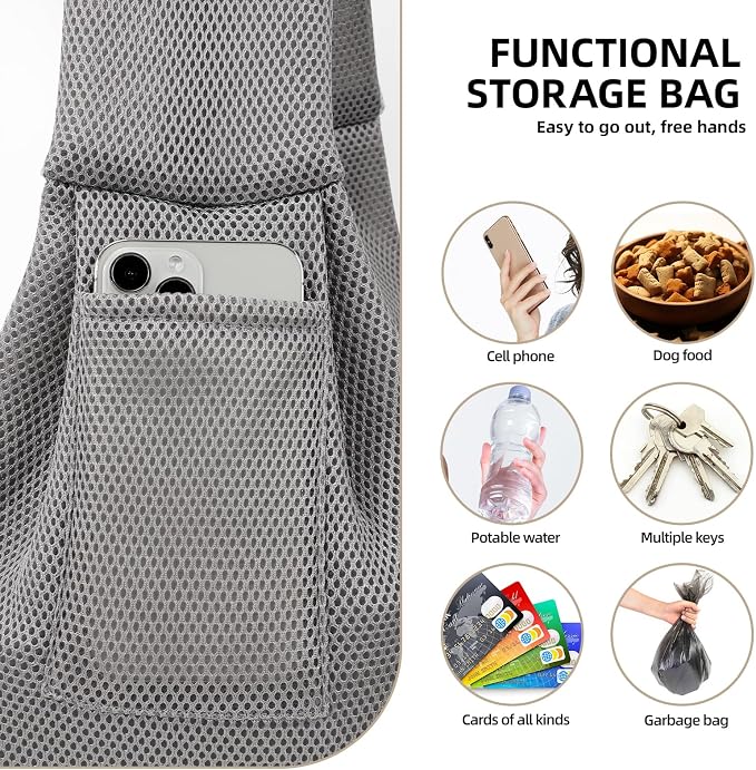 Dog and Cats Carrier Sling, Breathable Puppy Small Pet Carrier with Pocke | Reversible Dog Sling Carrier, Safety Buckle, Storage Pocket, Machine Washable for Travel, Outdoor Activities, Hand-Free, Gray